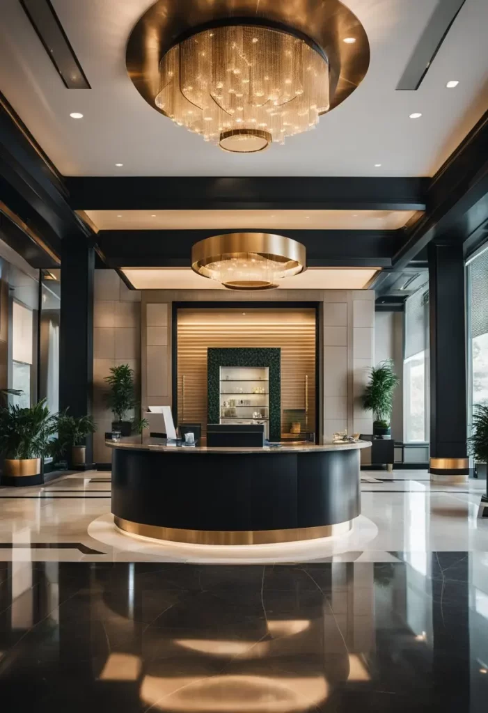 A sleek, modern lobby of a luxury hotel in Waco, featuring a concierge desk, plush seating, and a sophisticated color scheme, representing the 10 best luxury hotels for business travellers in Waco.