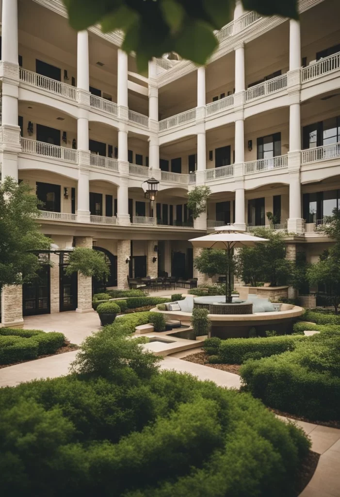 A grand luxury hotel nestled among the rolling hills of Waco, Texas, surrounded by lush greenery and a tranquil atmosphere. Luxury Hotels Near Waco Texas.