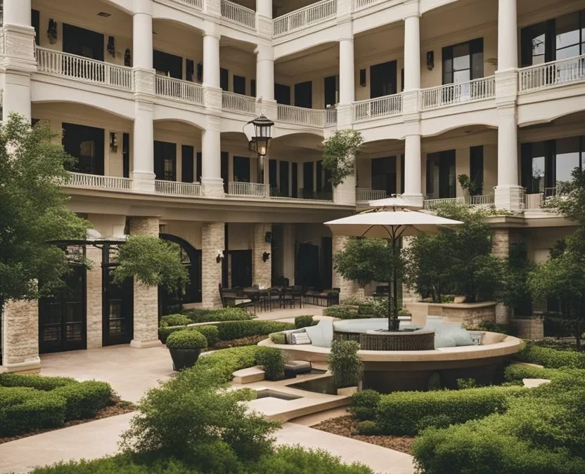 A grand luxury hotel nestled among the rolling hills of Waco, Texas, surrounded by lush greenery and a tranquil atmosphere. Luxury Hotels Near Waco Texas.