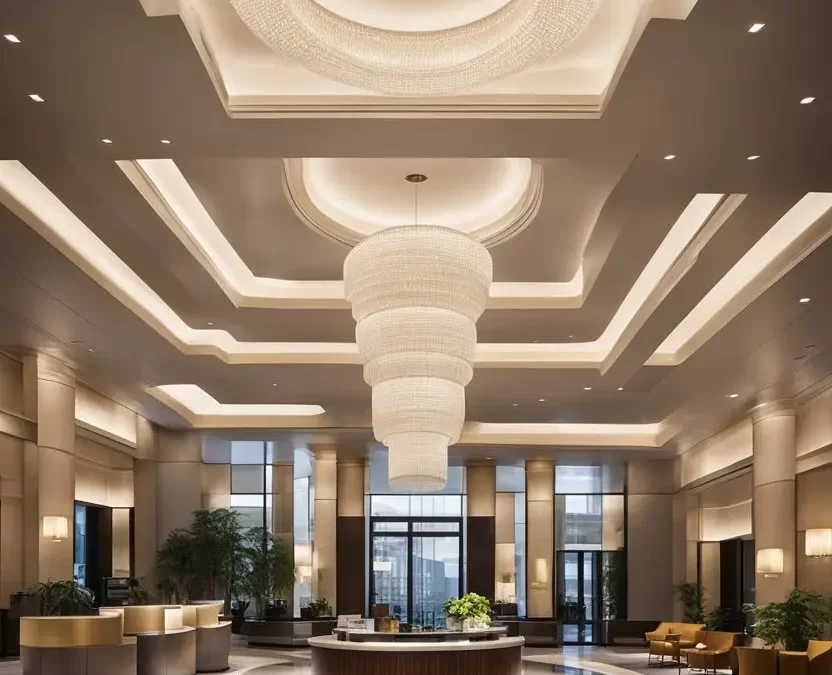 A grand lobby with modern furnishings and a sleek check-in desk, surrounded by upscale amenities and a serene atmosphere, showcasing the 10 best luxury hotels for business travellers in Waco