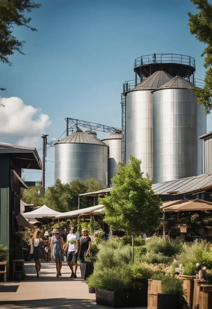 Visitors wander among rustic buildings, market stalls, and lush greenery at Magnolia Market, with the iconic silos towering in the background. Magnolia Market at the Silos in Waco Texas.