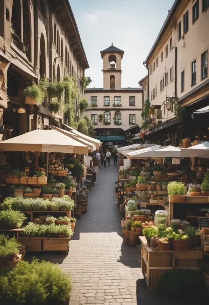 A bustling marketplace with rustic silos, surrounded by charming storefronts and greenery, filled with visitors browsing and shopping. Magnolia Market at the Silos in Waco Texas.