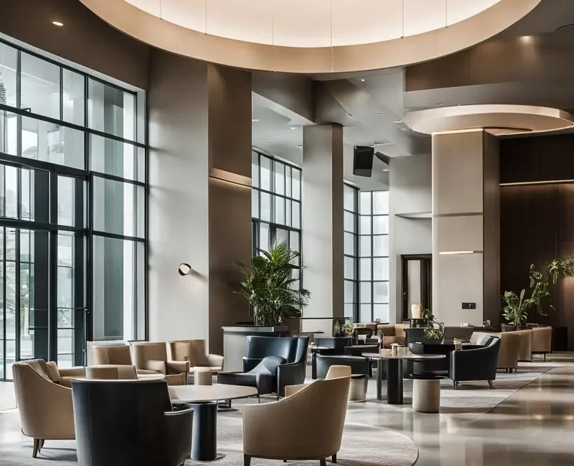 A sleek, contemporary hotel lobby in Waco, Texas, featuring minimalist furniture, clean lines, and a neutral color palette. Modern Hotels in Waco.