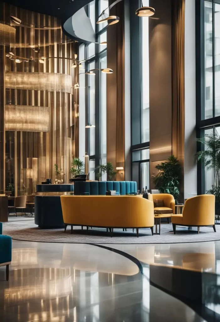 A modern hotel lobby with sleek furniture and a vibrant color scheme, featuring a cozy seating area and a stylish check-in desk. Modern Hotels in Waco.