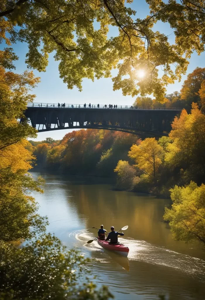 What to Do in Waco Texas This November: Enjoy Fall Festivities and Local Attractions - People kayaking on the Brazos River, surrounded by fall foliage and a clear blue sky. Cyclists riding along the scenic river trail with the Waco Suspension Bridge in the background.