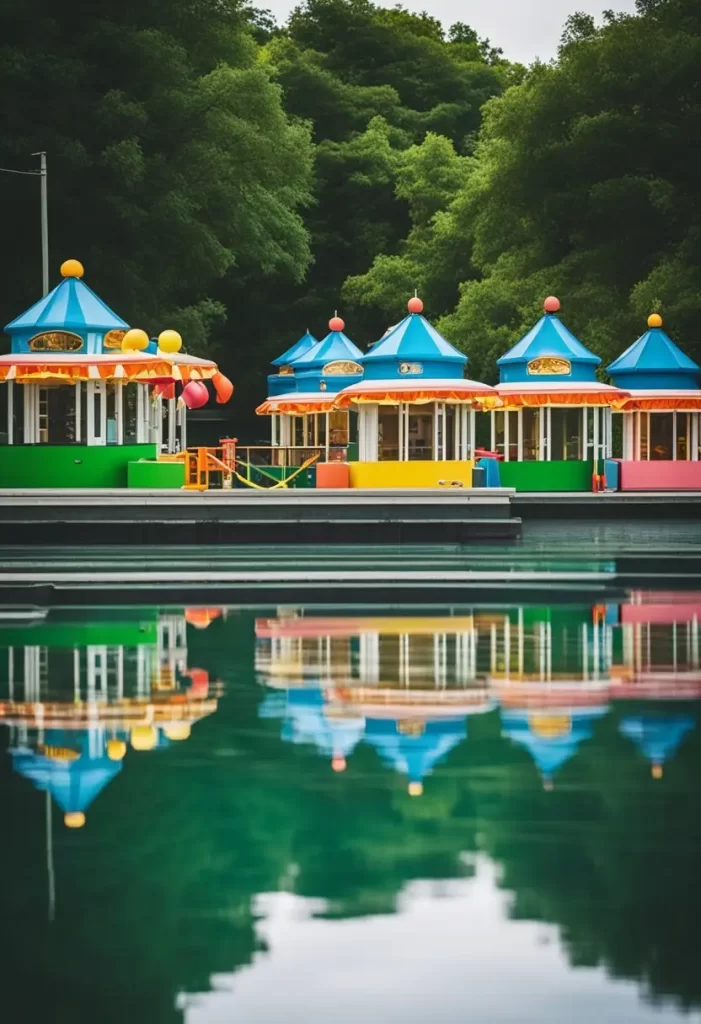 A serene lake in a lush park setting, with colorful paddle boats lined up along the shore and a rental booth nearby. Paddle Boating in Waco Park.