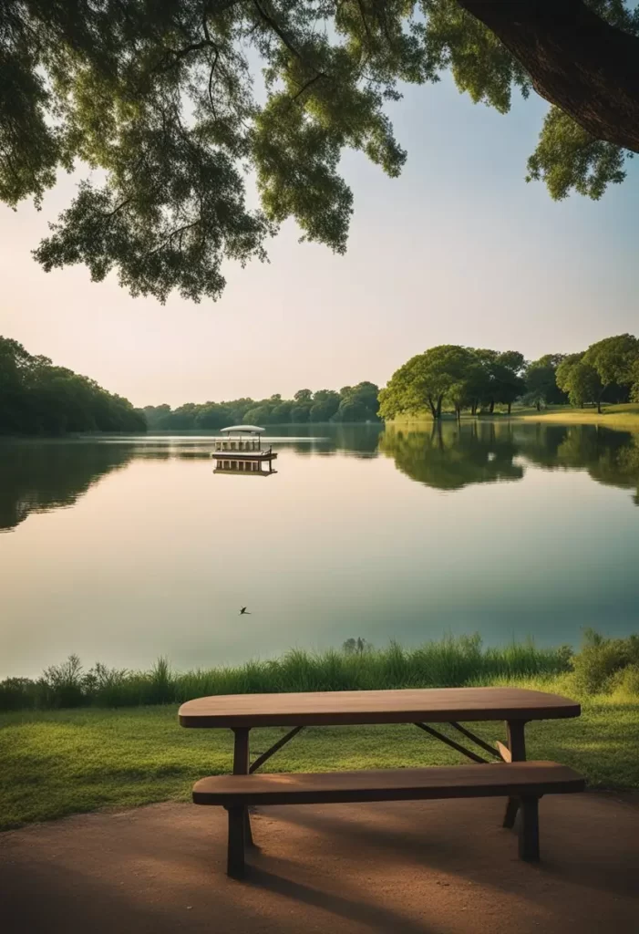 A serene lake in a Waco park with paddle boats gliding on the water, surrounded by lush greenery and the distant city skyline. Paddle Boating in Waco Park.