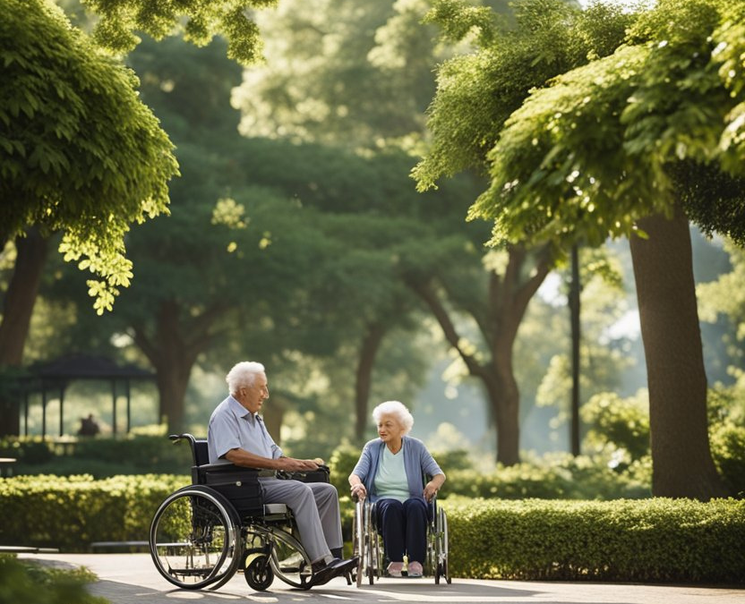 Elderly individuals enjoying a serene park with accessible walking paths, shaded seating areas, and designated exercise stations, surrounded by lush greenery and tranquil water features, highlighting Park Amenities for Seniors in Waco, Texas.