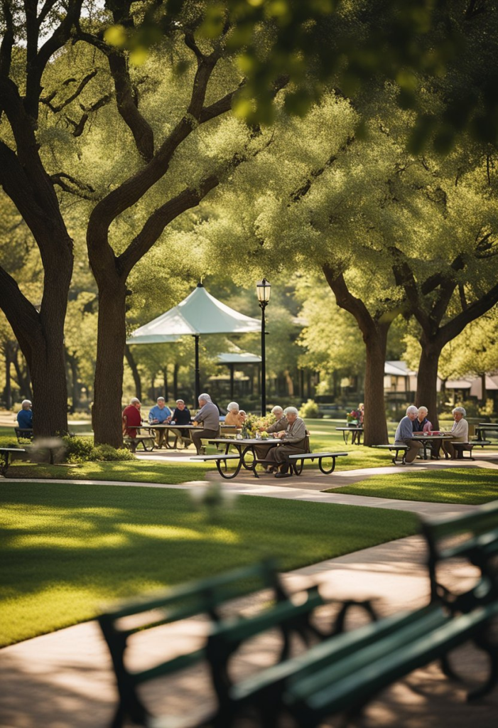 A group of seniors enjoying a shaded picnic area with accessible tables and benches, surrounded by blooming flower beds and walking paths in a serene park setting in Waco, Texas, highlighting Park Amenities for Seniors Tips in Waco, Texas.