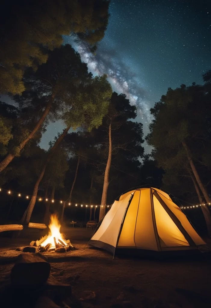 A peaceful campsite nestled among tall trees, with a crackling campfire and colorful tents under the starry sky in Waco, Texas. Budget Friendly Campsites in Waco Texas.