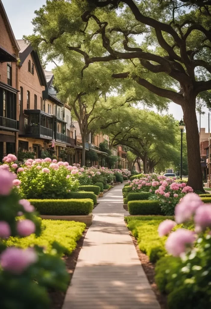 A picturesque street in Waco, Texas lined with charming inns and hotels, each with unique architecture and inviting storefronts - Top 10 Inns and Hotels in Waco Texas