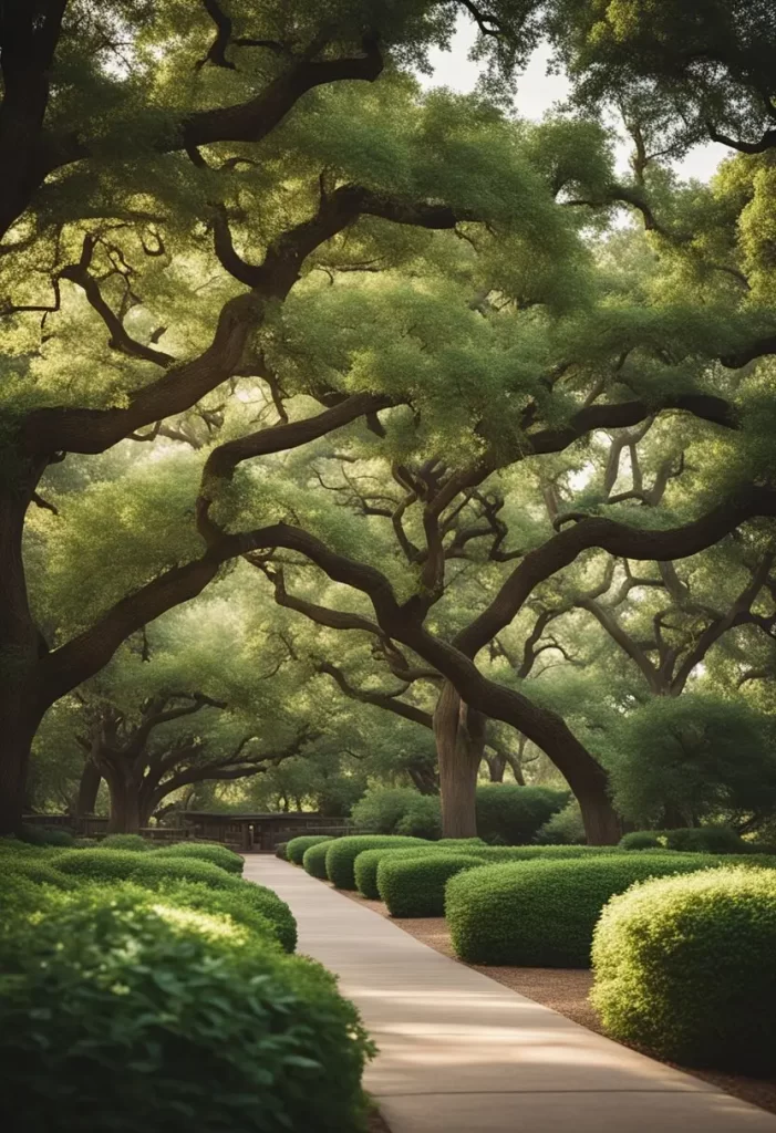 Accommodations Near Cameron Park in Waco Texas: A lush green park with winding trails and tall trees, surrounded by a mix of modern and historic accommodations in Waco, Texas.