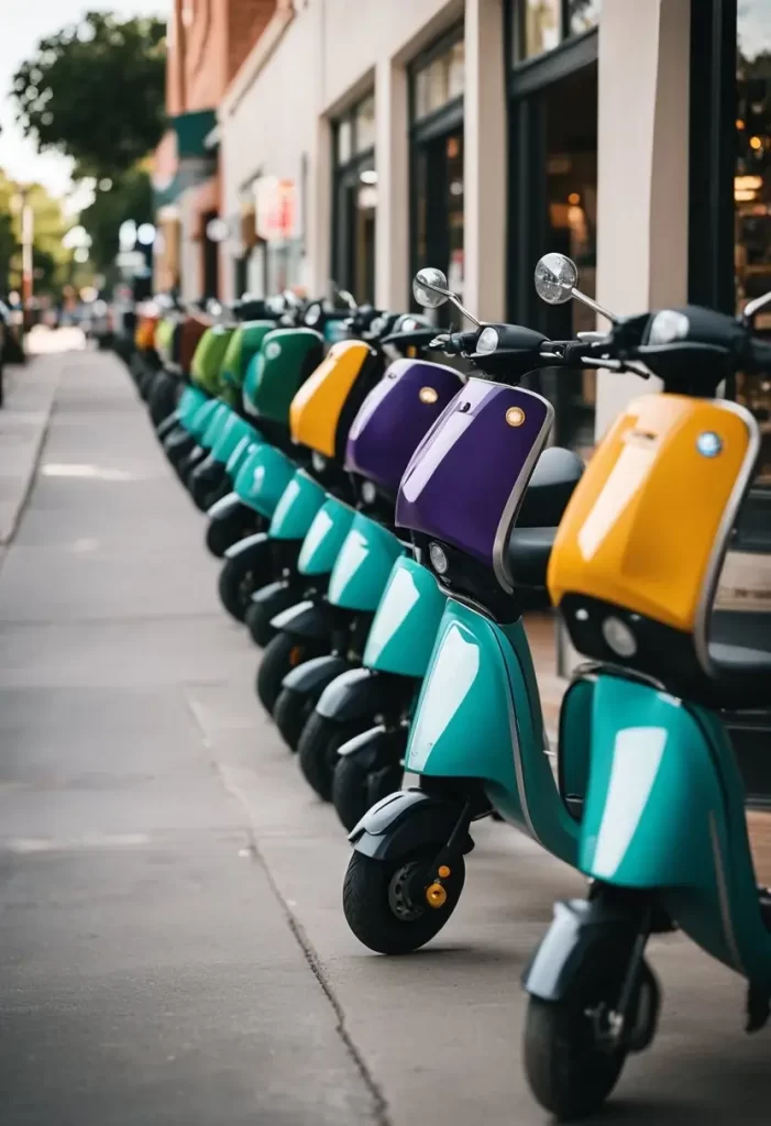 A bustling street in Waco with colorful electric scooters lined up for rent outside a shop, surrounded by eager customers. Electric Scooter Rentals in Waco Texas.