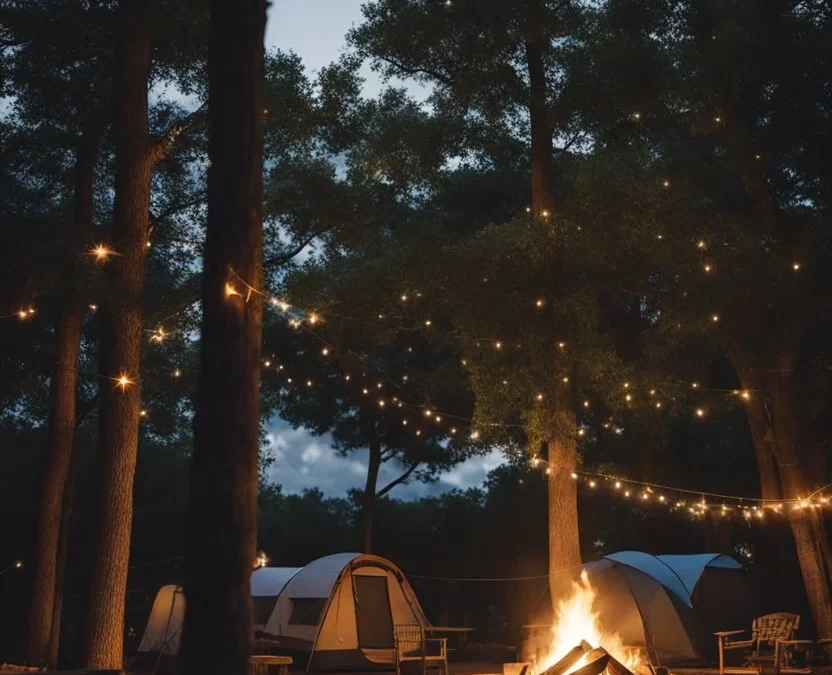 A serene campsite nestled among trees in Waco, Texas, with a crackling campfire and cozy tents under a starry night sky. Budget Friendly Campsites in Waco Texas.