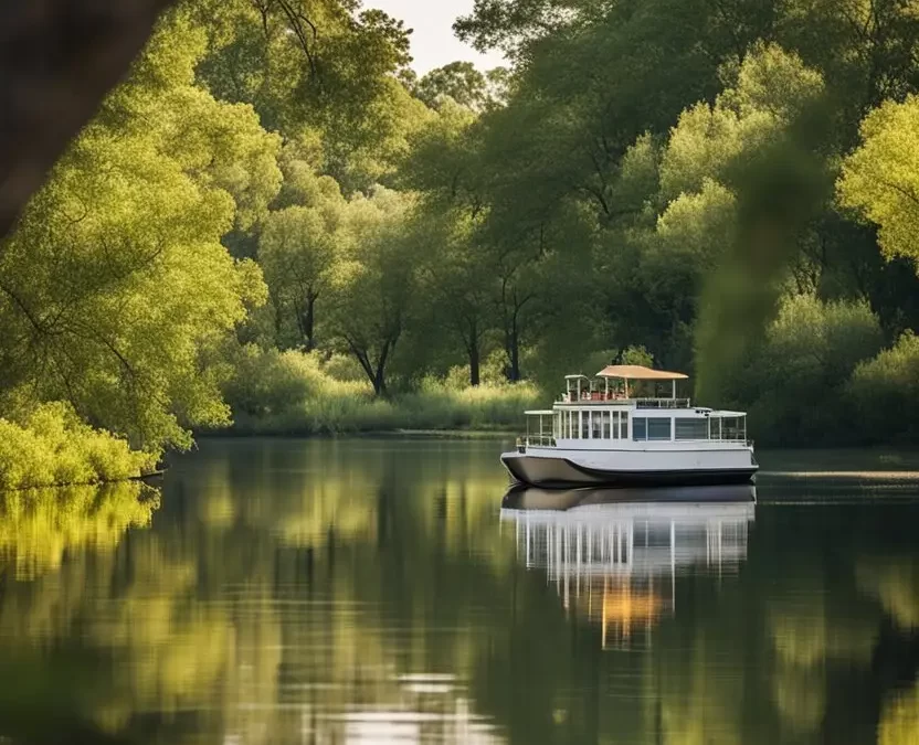 A paddle boat glides through calm waters in a lush Waco park. Trees and greenery line the shore under a clear blue sky. Paddle Boating in Waco Park.