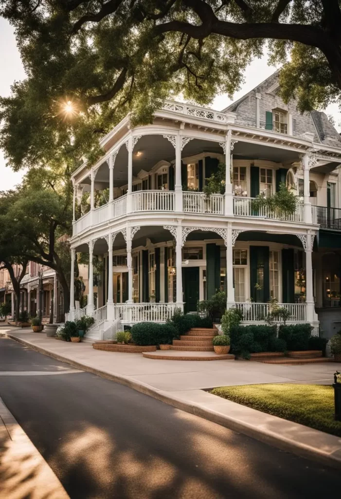 A sunny day in Waco, Texas, with a row of charming inns and hotels nestled among lush greenery and blooming flowers - Top 10 Inns and Hotels in Waco Texas