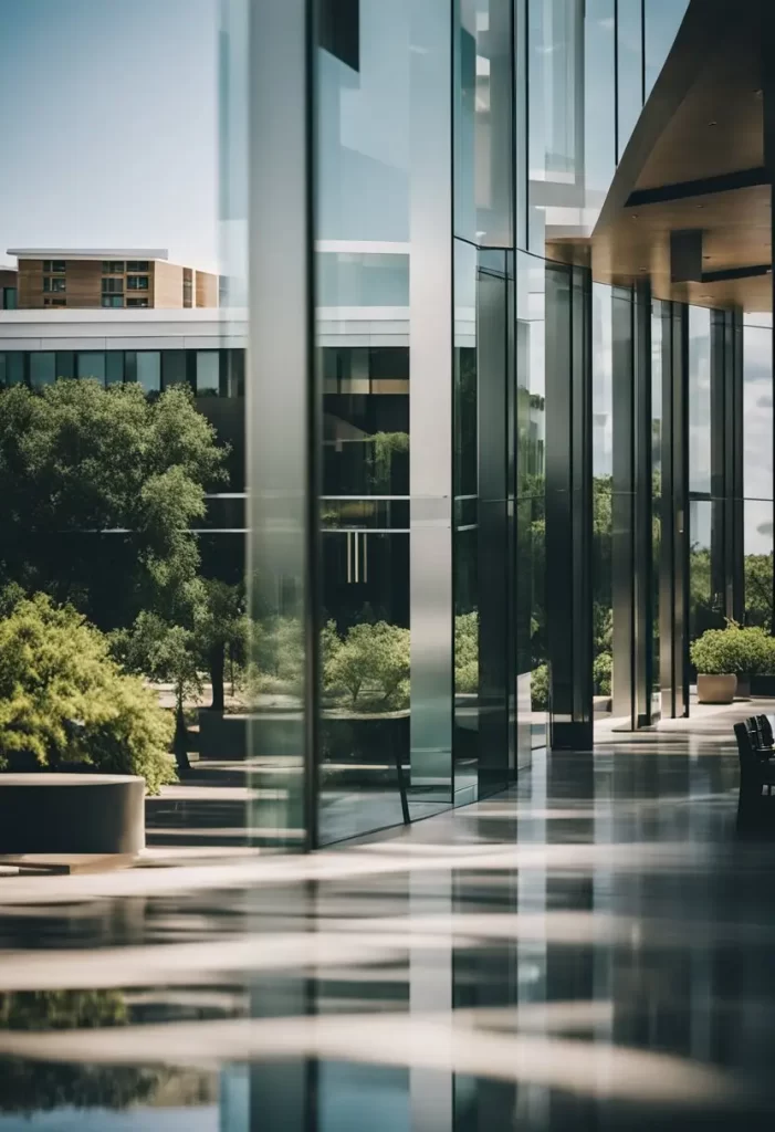 A sleek, glass-walled hotel rises against a backdrop of modern architecture and lush landscaping in Waco, Texas. Modern Hotels in Waco.