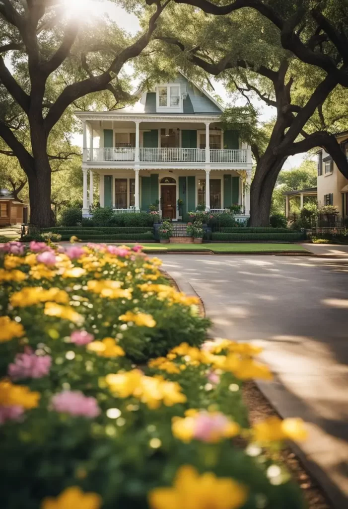 A sunny, tree-lined street in Waco, Texas, with charming bed and breakfasts nestled among the greenery, each with a welcoming front porch and colorful flower gardens. Ideal for those seeking a Bed and Breakfast Near Cameron Park in Waco.