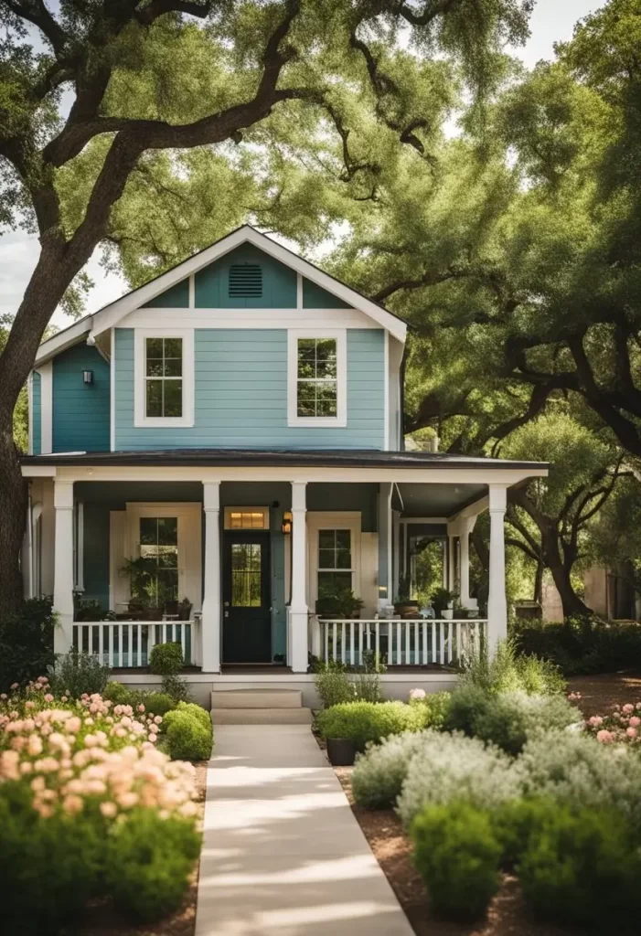 A sunny day in Waco, Texas, with 10 vacation rentals featuring outdoor spaces. Each rental has a different design and layout, from cozy patios to spacious decks, surrounded by lush greenery and colorful flowers. 10 Vacation Rentals with Outdoor Spaces in Waco.