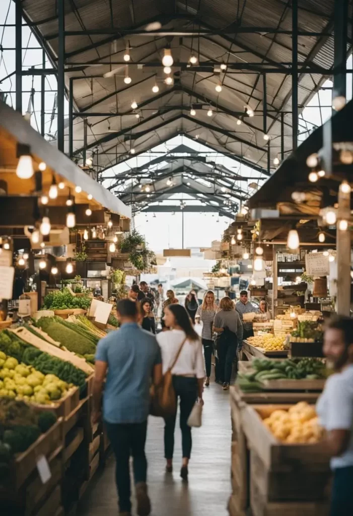 Visitors stroll through a bustling market, browsing merchandise and enjoying the outdoor ambiance of Magnolia Market at the Silos in Waco, Texas. Magnolia Market at the Silos in Waco Texas.