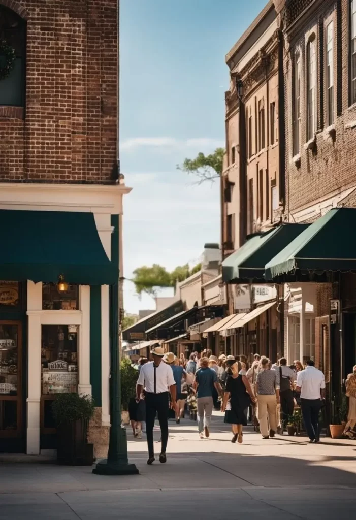 A bustling street lined with charming, old-fashioned buildings, each adorned with unique signage and bustling with activity as people enter and exit historic restaurants in Waco.