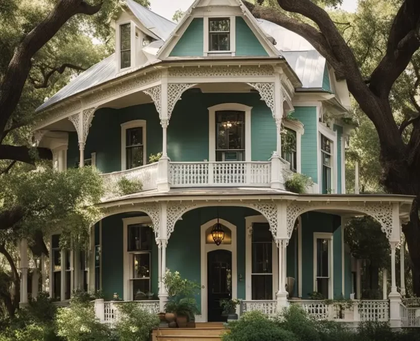 A charming historic bed and breakfast in Waco, Texas, with a grand Victorian-style facade, surrounded by lush gardens and towering oak trees.