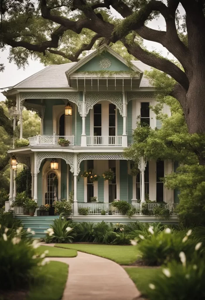 A charming historic bed and breakfast in Waco, Texas, with a grand Victorian building surrounded by lush gardens and a cozy front porch.