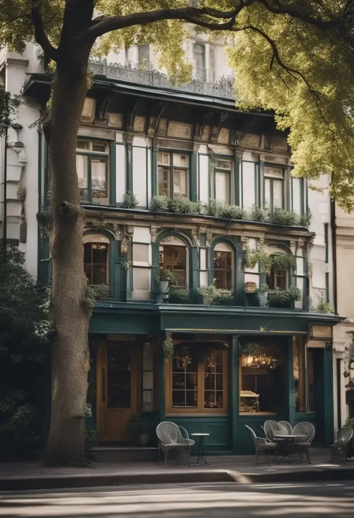 A vintage restaurant building with ornate architecture and a weathered exterior, surrounded by old trees and a quaint outdoor seating area for historic restaurants in Waco.