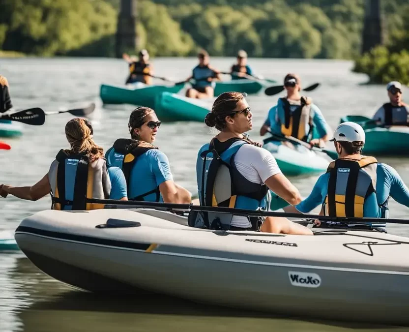 A group of people enjoy water sports in Waco, Texas, including kayaking, paddleboarding, and boating activities on the Brazos River.