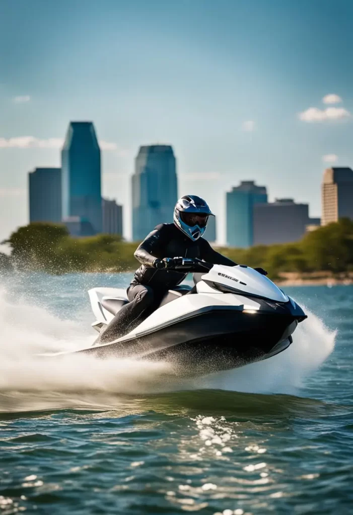 A jet ski cuts through the sparkling waters of Lake Waco, with the city skyline in the background, showcasing water sports in Waco Texas.