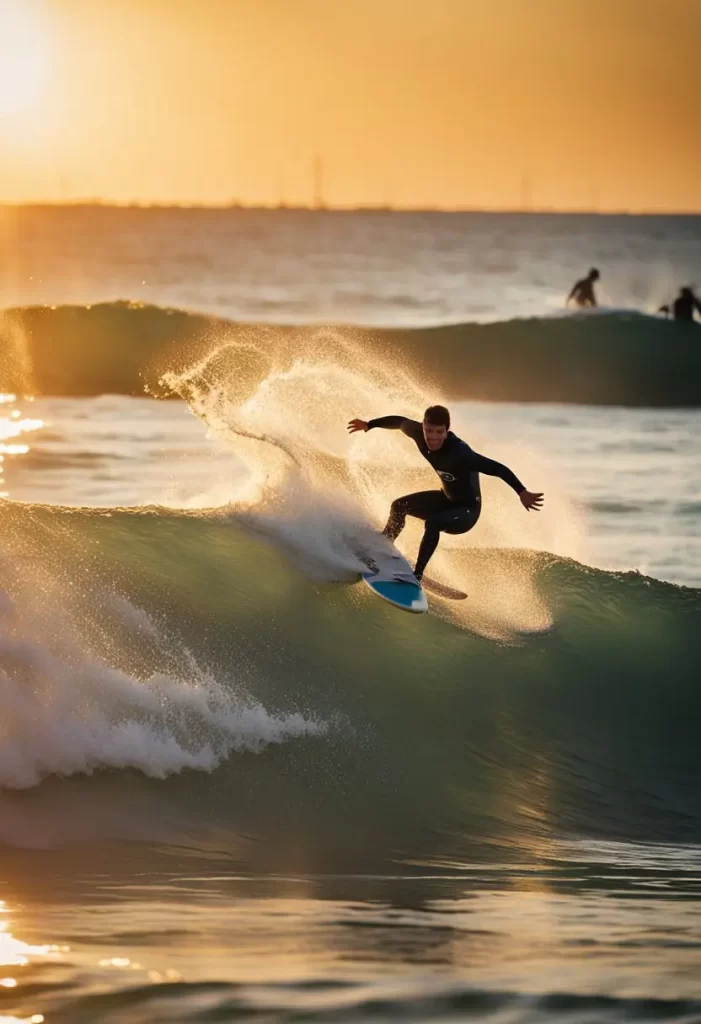 A surfer catching a wave at Waco Surf Water Sports during sunset, with a golden glow on the water, showcasing water sports in Waco Texas.