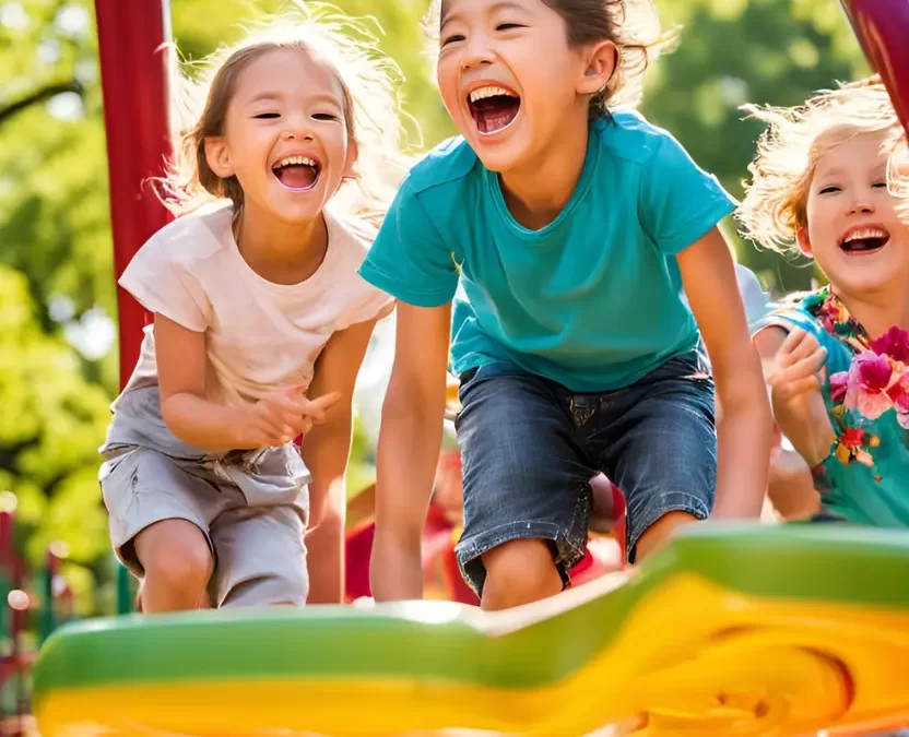 Children playing at Cameron Park Playground in Waco, Texas, surrounded by nature.