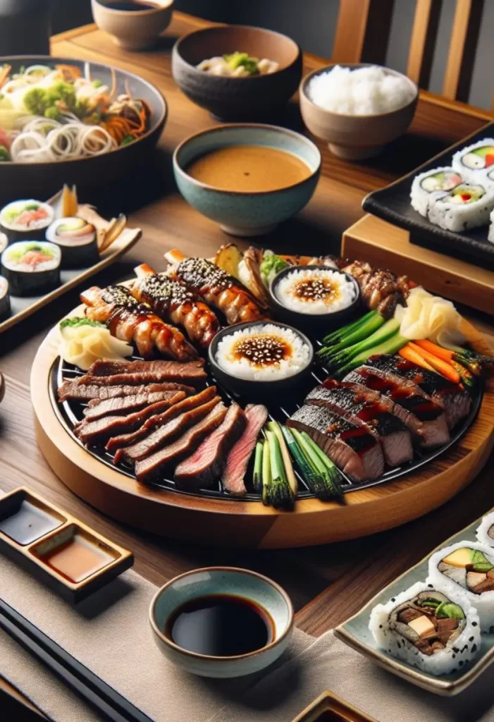 Korean BBQ and sushi on a table in a Japanese restaurant in Waco, Texas