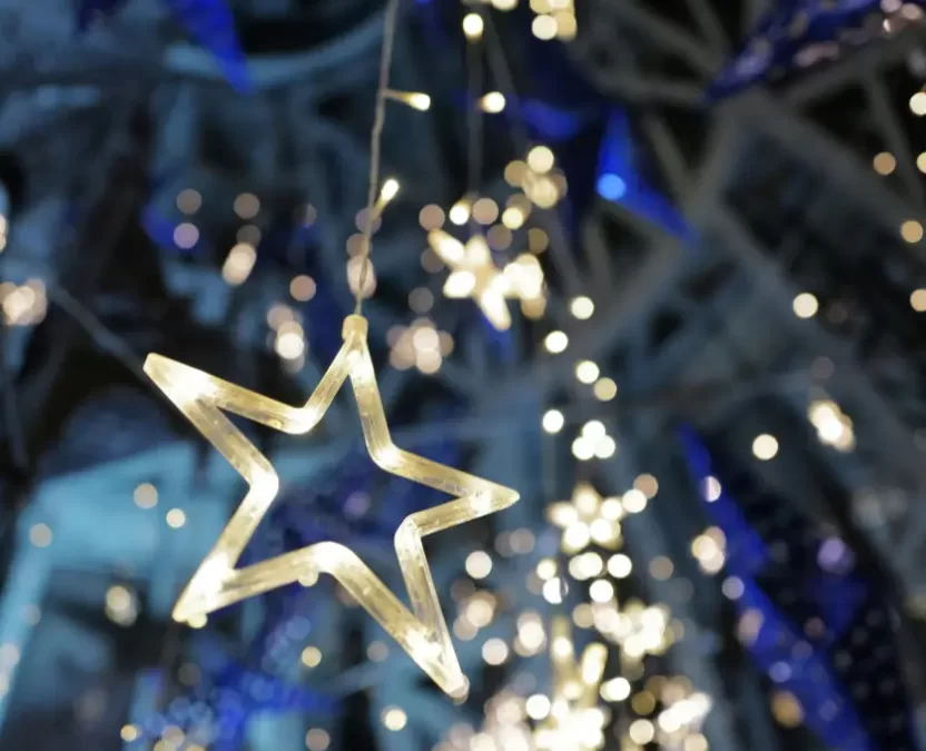 Star hanging from a Christmas tree at Wild Lights in Waco, Texas