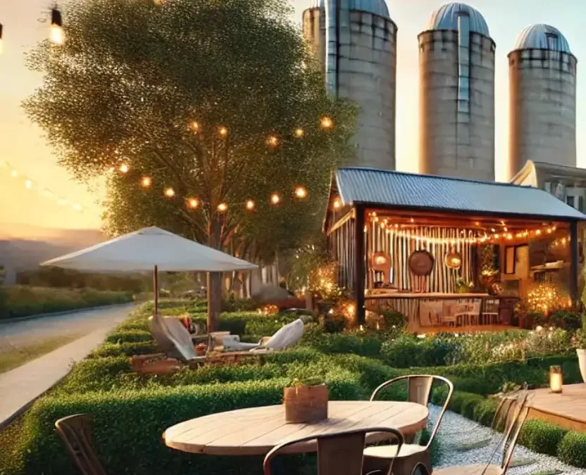 The Best Airbnb Stays in Waco Near Silos - A cozy Airbnb cottage with white walls and black trim, surrounded by a lush garden with string lights, located near the iconic Silos in Waco, Texas.