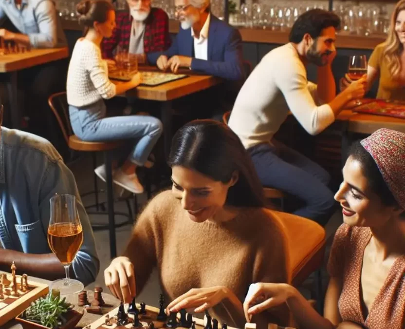 People enjoying drinks and playing board games at a bar in Waco, Texas.