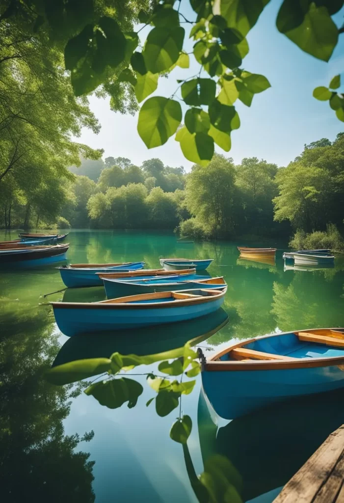 A colorful array of boats docked along the serene waters of Lake Waco, with a backdrop of lush greenery and clear blue skies. Boat Rentals in Waco Texas.