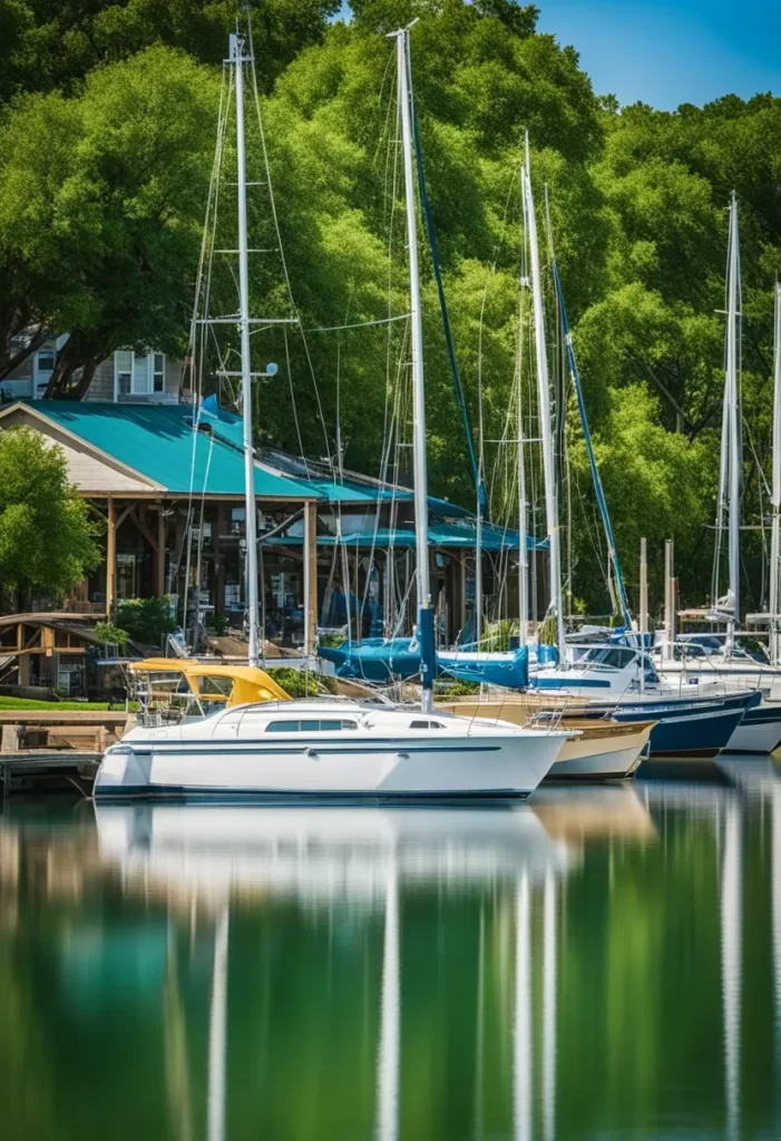 A serene lake surrounded by lush greenery, with colorful boats dotting the water under a clear blue sky. Boat Rentals in Waco Texas.