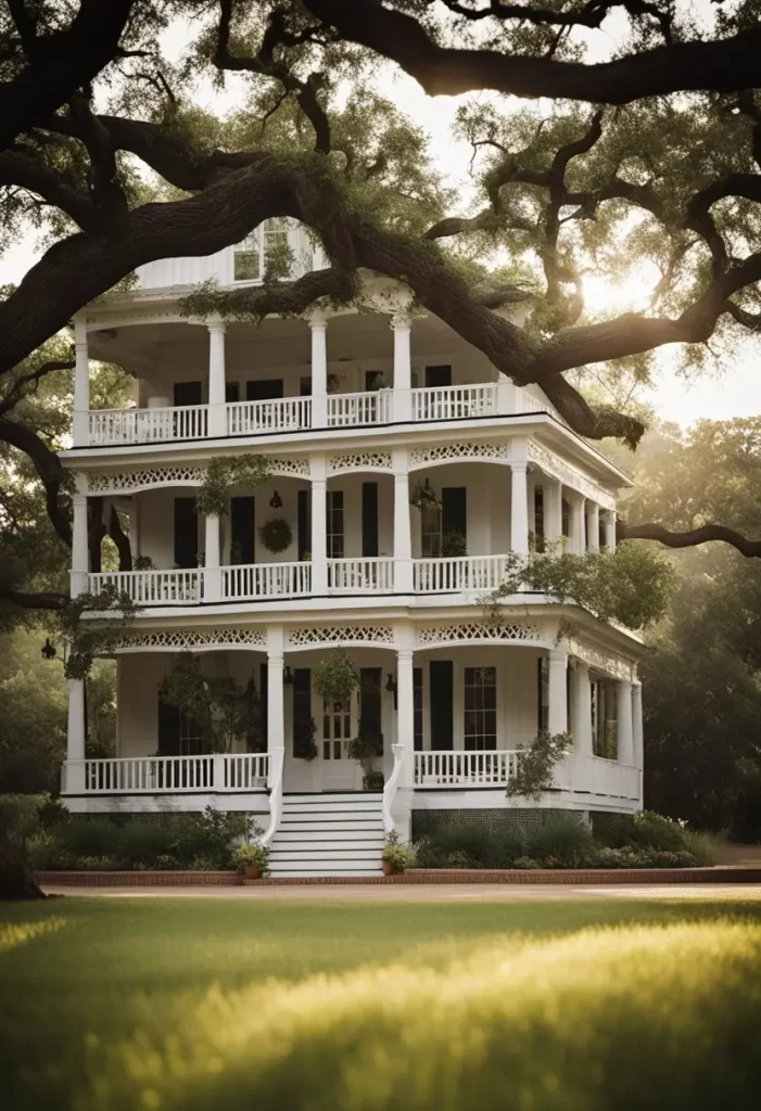 A charming bed and breakfast nestled among towering oak trees in Waco, Texas. A cozy cabin with a front porch and rocking chairs overlooks a serene lake. Where to Stay in Waco Texas