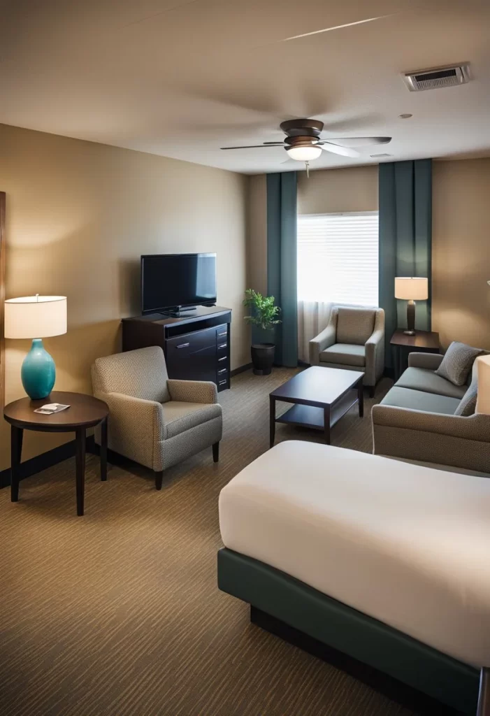 A spacious and comfortable family suite hotel room in Waco, Texas, featuring separate sleeping and living areas, a kitchenette, and a cozy dining space perfect for families to relax and enjoy their time together. Top 10 Family Suites Hotels in Waco Texas.