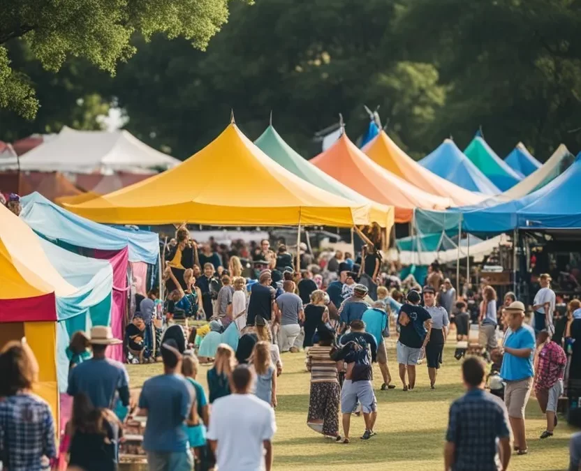 A vibrant festival scene with colorful tents, food vendors, live music, and crowds of people enjoying the festivities in Cameron Park, Waco, Texas. Festivals in Cameron Park Waco Texas.