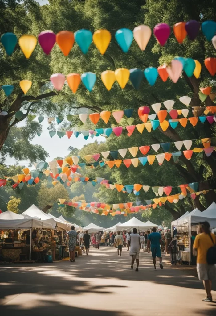 A vibrant festival in Cameron Park, Waco, Texas with colorful tents, food vendors, live music, and people enjoying various activities. Festivals in Cameron Park Waco Texas.