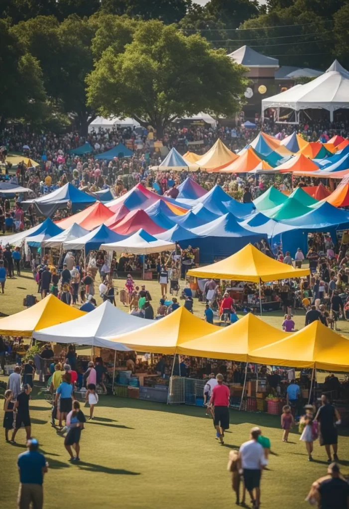 A vibrant festival in Cameron Park, with lively music, food vendors, and colorful decorations, set against the backdrop of the park's lush greenery and towering trees. Festivals in Cameron Park Waco Texas.