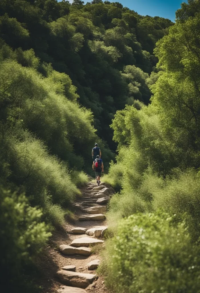 A hiker traversing a rugged trail at Cameron Park in Waco, Texas, surrounded by lush greenery and rocky terrain, with a clear blue sky overhead. Top 10 Fitness Activities in Waco, Texas.