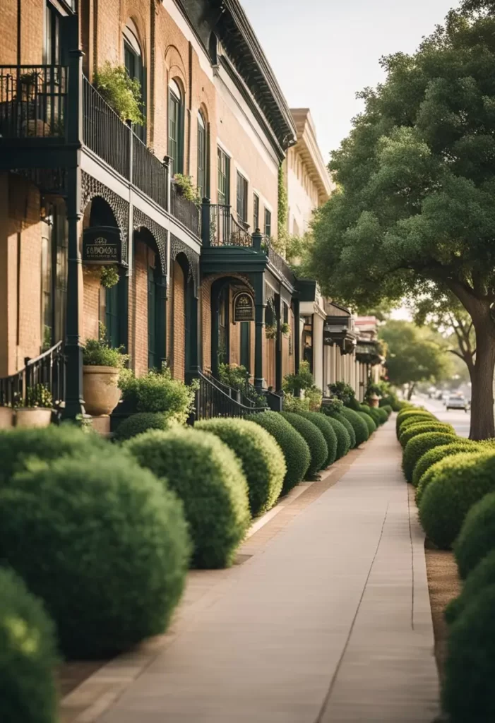 A row of charming historical inns in Waco, Texas, each with unique architecture and lush gardens, surrounded by towering oak trees and a backdrop of the city's historic landmarks. 5 Best Historical Inns in Waco Texas for a Charming Stay