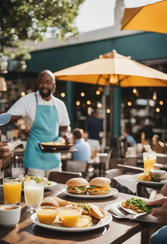 A bustling Waco breakfast spot with colorful outdoor seating, a variety of dishes being served, and locals enjoying their morning meals. One of the 10 Best Breakfast Spots in Waco, Texas.