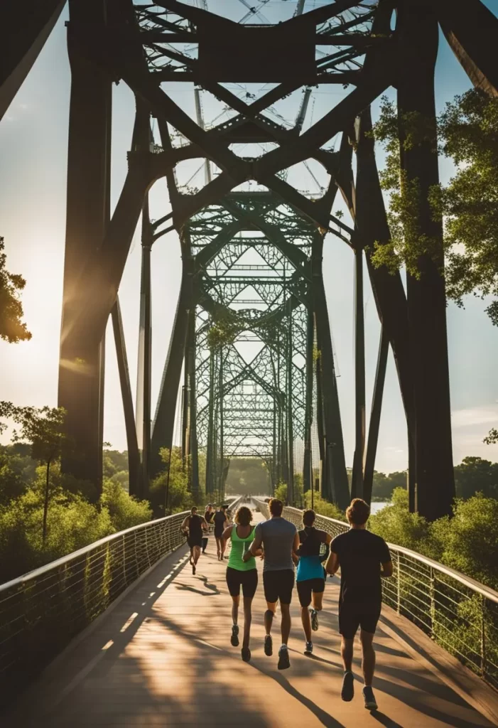 A vibrant scene of people jogging along the Brazos River, with a backdrop of the historic Waco Suspension Bridge and lush greenery. Top 10 Fitness Activities in Waco, Texas.