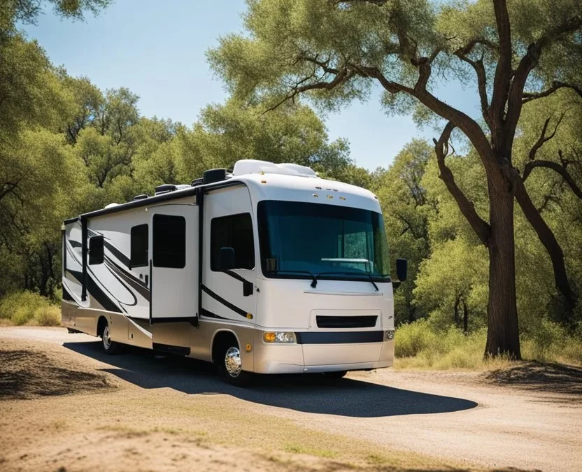 An RV parked at the edge of a lush hiking trail in Waco, Texas, surrounded by tall trees and a clear blue sky. RV Parks with Hiking Trails in Waco Texas.