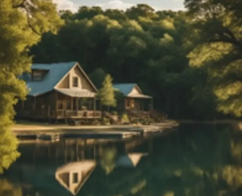 A serene lake nestled among towering trees, with cozy cabins and cottages dotting the shoreline near Cameron Park in Waco, Texas. 10 Romantic Vacation Rentals in Waco Texas.