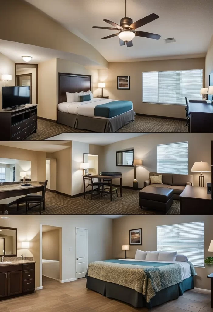 A spacious family suite in a Waco hotel, featuring separate sleeping areas, a cozy living space, and a dining area for shared meals. Top 10 Family Suites Hotels in Waco Texas.